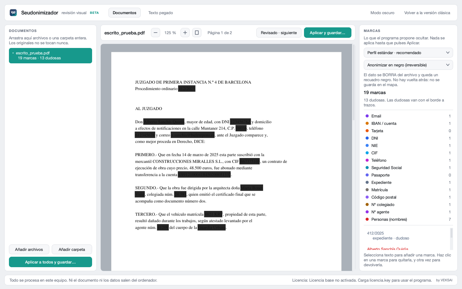 Captura real de SIGILIA: anonimización en negro, con los datos personales tachados de verdad sobre el documento.