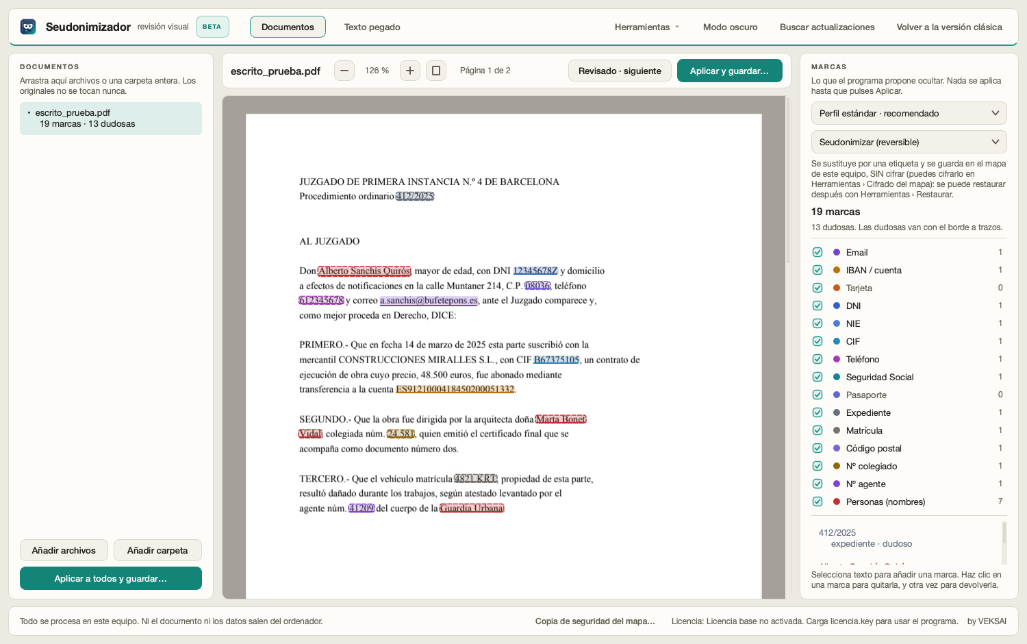 Captura real de SIGILIA marcando los datos personales detectados en un PDF, resaltados por tipo, antes de ocultarlos.