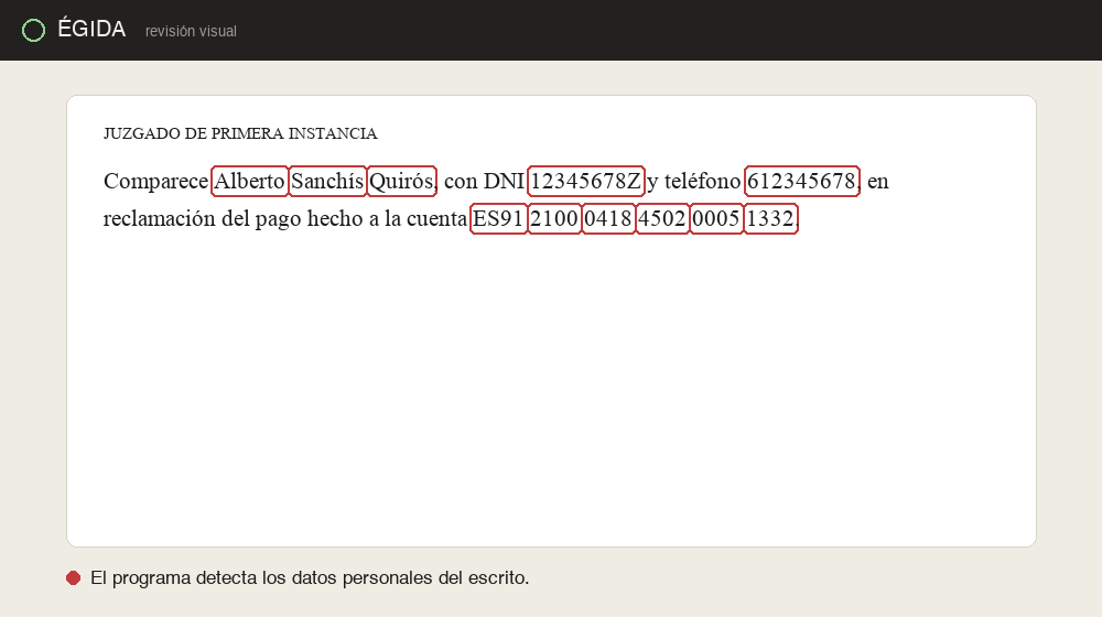 Fotograma antes: SIGILIA detecta los datos personales de un escrito, resaltados en rojo.