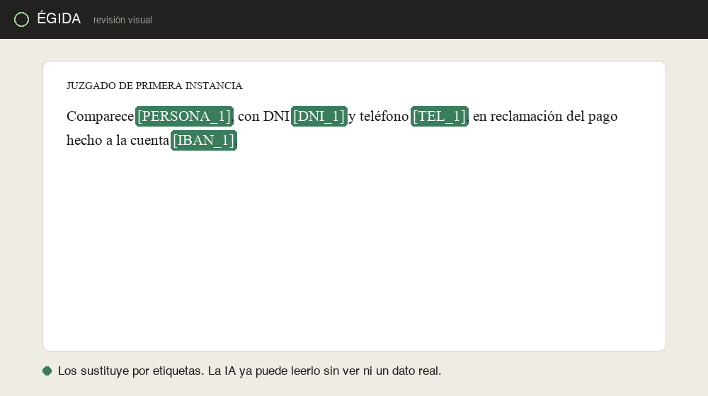 Fotograma después: los mismos datos personales sustituidos por etiquetas verdes como [PERSONA_1].